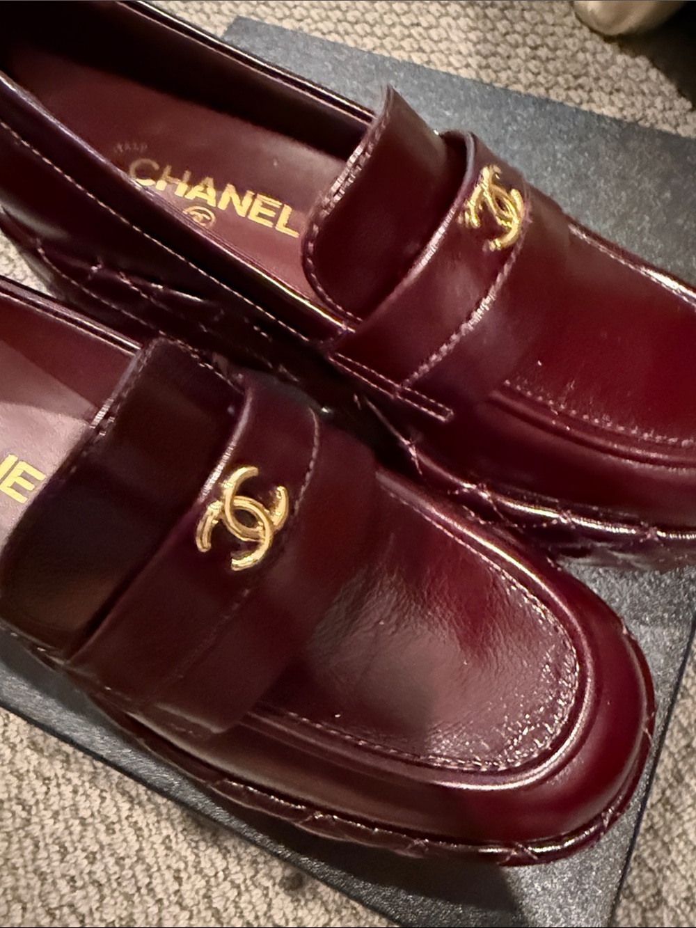 CHANEL woman’s Deep Wine Leather Loafers with Gold CC Hardware - Picture 7 of 8